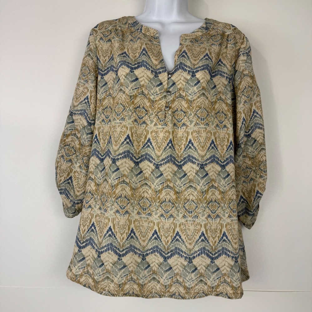 Kim Rogers Tunic Women Large Tan Geometric Roll Tab Split V-Neck Blouse Boho